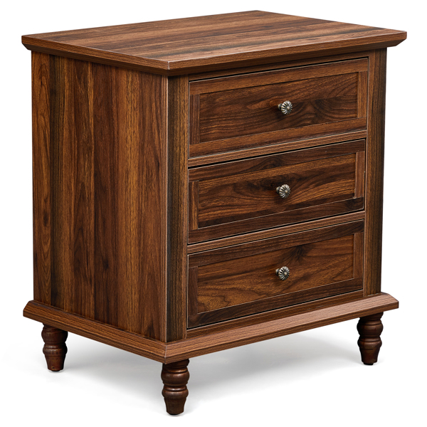 Brown P2 particle board with 3D paper + solid wood legs 63*44.5*68.5CM three drawers bedside table 1pcs-15