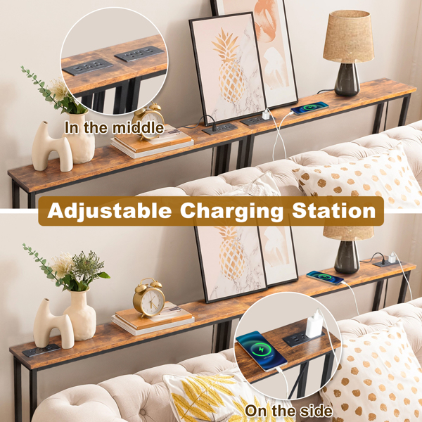 2 Pack 39.4" Narrow Console Sofa Table with Power Outlets and USB Ports, Long Couch Table with Metal Frame and Charge Station with 4.9ft Extension Cord, Rustic Brown-11