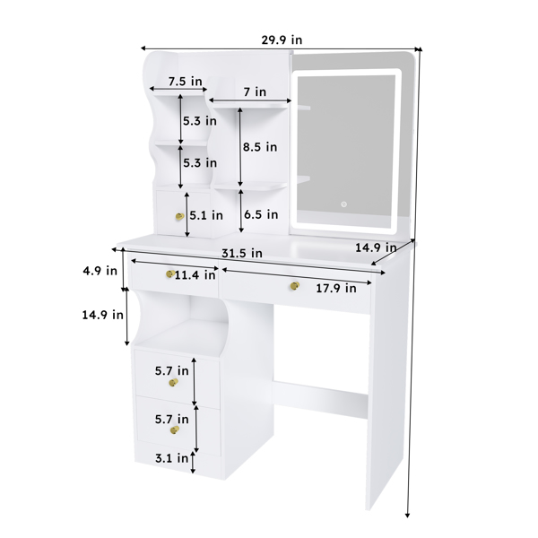 White dressing table, mirror and LED light, 5-drawer dressing table, movable and hidden mirror, 3-color mode touch screen, storage organizer for women's and girls' bedrooms -4