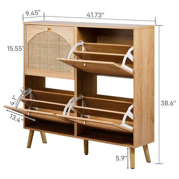 2 rows of 4 dump buckets with high feet arched rattan surface shoe cabinet density board with triamine 105*24*98cm original wood color-5