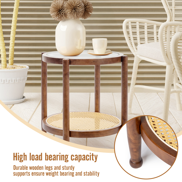 19.7in Rattan Coffee Table with Glass Top, Small Round End Table, Boho Style Side Table Sofa End Table for Living Room Balcony Patio, Walnut-16