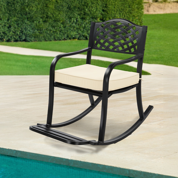 Metal Rocking Chair, Outdoor Rocking Bench with Cushion, Patio Rocker with Footrest, Weatherproof Rocking Chair for Outside, Patio, Garden, Hole Backrest-6