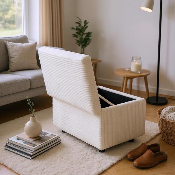Beige Corduroy Upholstered Storage Ottoman with Black Round Rubber Feet – 63×43×43cm, Hidden Storage with Soft Seating-4