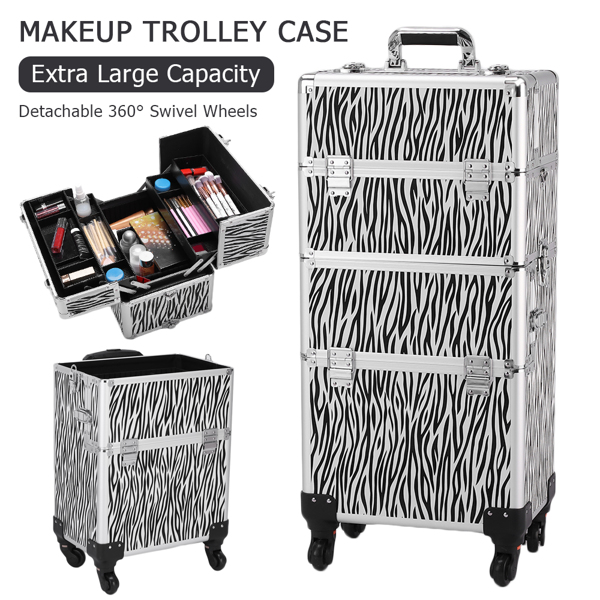 3 in 1 Aluminum Cosmetic Makeup Case Tattoo Box White Zebra Print-4