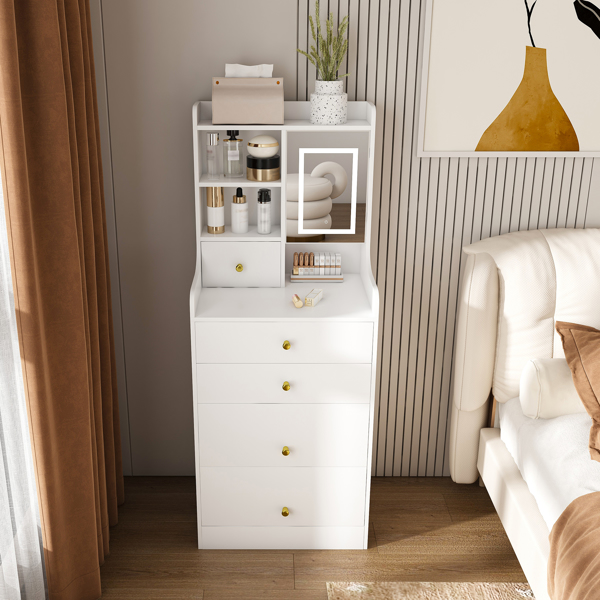 3-in-1 Dressing Table with LED Mirror & Storage Stool - Compact Makeup Vanity with 4 Drawers, Storage Cabinet & Hidden Stool, White Density Board Design, Open Bookshelf for Bedroom Organization-4