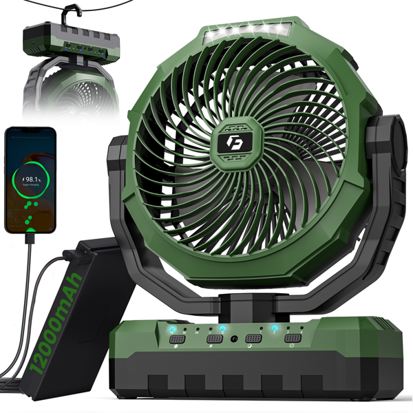 12000mAh Camping fan Rechargeable Battery Operated Fan 9inch 4 Speeds Usb Table fan Green-1