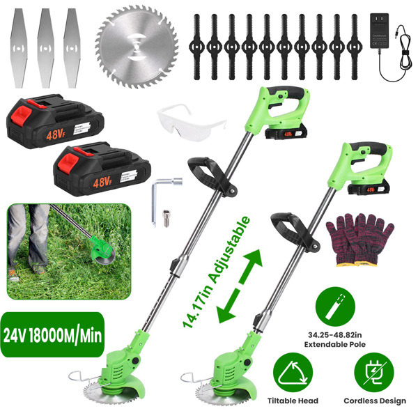 24V 300W Cordless Grass Trimmer Rechargeable Lawn Mower 18000M/Min Weed Cutter with Saw Blade 2 Stainless Steel Blades 10 Plastic Blades 2 Rechargeable Batteries Goggles Gloves-1