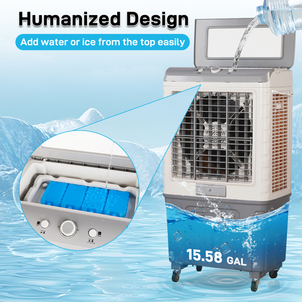3 in 1 Portable Evaporative Cooler,707L,Indoor,Outdoor,3065 CFM Personal Air Cooler,15.85 Gal Large Water Tank & Scroll Casters, 4 Ice Packs,White and Gray-11