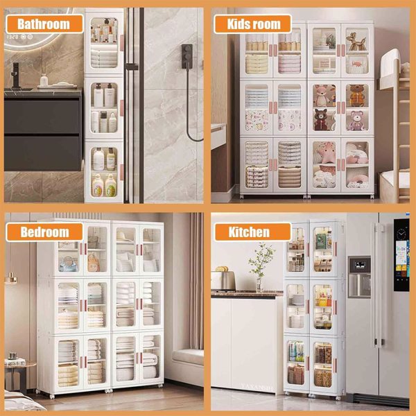 Tall Bathroom Storage Cabinet with Doors and Wheel, Narrow Bathroom Organizer Movable Freestanding Storage Cabinet with Adjustable Shelves for Small Space-5