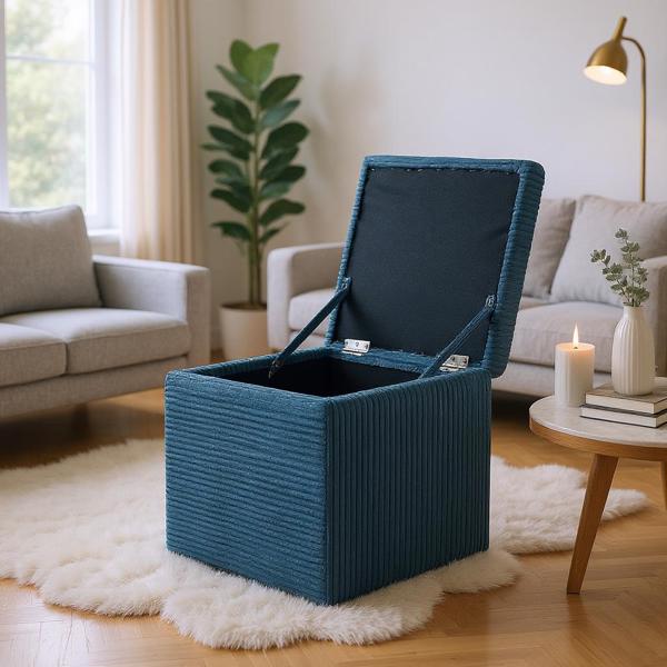Blue Corduroy Storage Ottoman with Rubber Feet – Compact Soft Cube Seat, 42×42×44cm-3