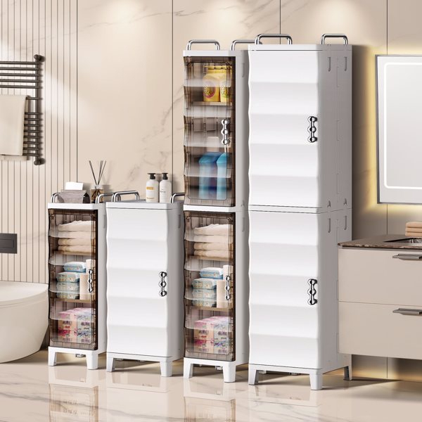 Small Narrow Storage Cabinet with Doors and Shelves Slim Waterproof Bathroom Storage Organizers Skinny Plastic Freestanding Cabinets Gap Spaces Saver for Kitchen Laundry Room Bedroom-5