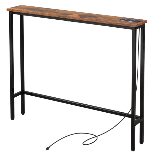 39.4" Narrow Console Sofa Table with Power Outlets and USB Ports, Skinny Couch Table with Metal Frame and Charge Station with 4.9ft Extension Cord, Rustic Brown-3