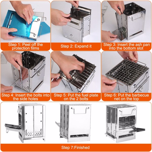 Foldable Camping Wood Burning Stove with Grill, Camp Stove Collapsible Backpacking Survival Stove Stainless Steel Campfire Stove for Outdoor Cooking Picnic Hiking BBQ (Sliver-Large)-7