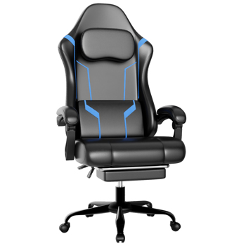 Ergonomic Gaming Chair, Video Game Chair with Pocket Spring Cushion and Footrest, Height Adjustable Computer Chair with Swivel Seat and Headrest (Faux Leather, Blue)