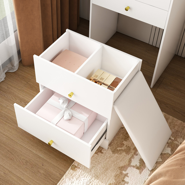 3-in-1 Dressing Table with LED Mirror & Storage Stool - Compact Makeup Vanity with 4 Drawers, Storage Cabinet & Hidden Stool, White Density Board Design, Open Bookshelf for Bedroom Organization-5