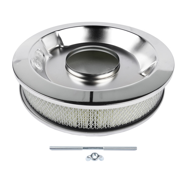 14" x 3" 14 Full Finned Aluminum Round Air Cleaner Air Filter Kit Polished with a Recessed Base and Paper Element Fits Single Quad Carburetors with 5-1/8" Neck 5" Steel Mounting Stud-8