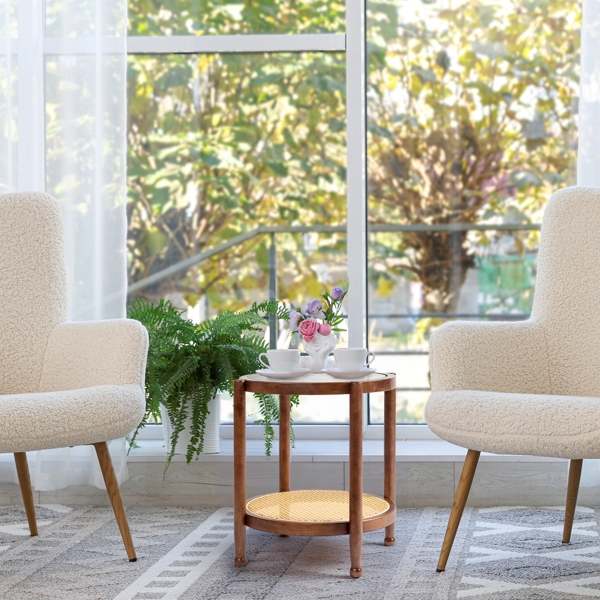 19.7in Rattan Coffee Table with Glass Top, Small Round End Table, Boho Style Side Table Sofa End Table for Living Room Balcony Patio, Walnut-7