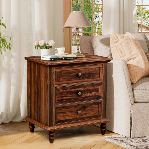 Brown P2 particle board with 3D paper + solid wood legs 63*44.5*68.5CM three drawers bedside table 1pcs-6