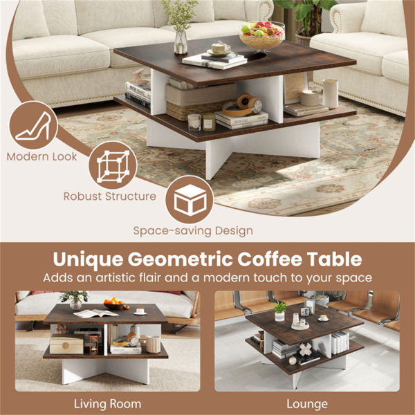 2-Tier Living Room Coffee Table - Square Design with 4 Storage Compartments-8
