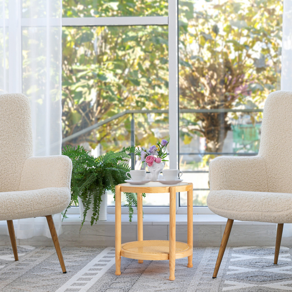 19.7in Rattan Coffee Table with Glass Top, Small Round End Table, Boho Style Side Table Sofa End Table for Living Room Balcony Patio, Natural-8