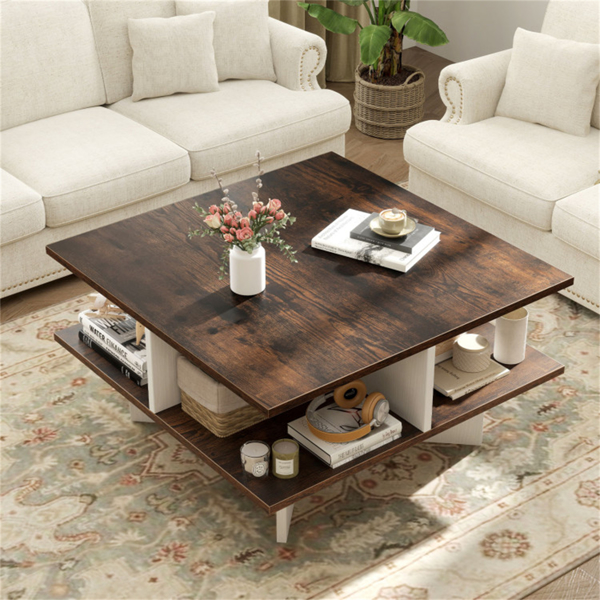 2-Tier Living Room Coffee Table - Square Design with 4 Storage Compartments-10