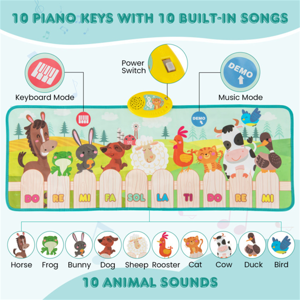 Kids Piano Play Mat with Animal Sounds - 10 Music Keys, Foldable for Outdoor Use, Soft & Easy to Clean (3+ Years) -8