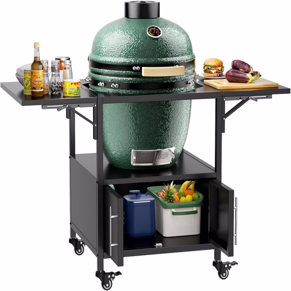 户外烧烤桌，适用于 Big Green Egg 式烧烤炉，金属烧烤车，带 2 个折叠面板，可与高达 Large Green Egg 的 Kamado Joe Jr 兼容-8
