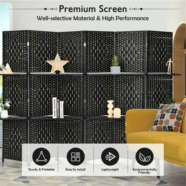 Foldable Room Screen with Storage Shelves - 106.5"x71" Max Size, Hand-Woven Fiber & Poplar Wood Frame, Black-11