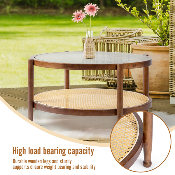 31.5in Rattan Coffee Table with Glass Top, Round End Table, Boho Style Side Table Sofa End Table for Living Room Balcony Patio, Walnut Finish-15