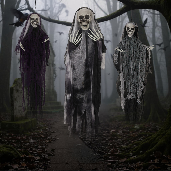 3 Pack Hanging Halloween Skeleton Ghosts Decorations, Grim Reapers for Best Halloween Outdoor Decorations-8