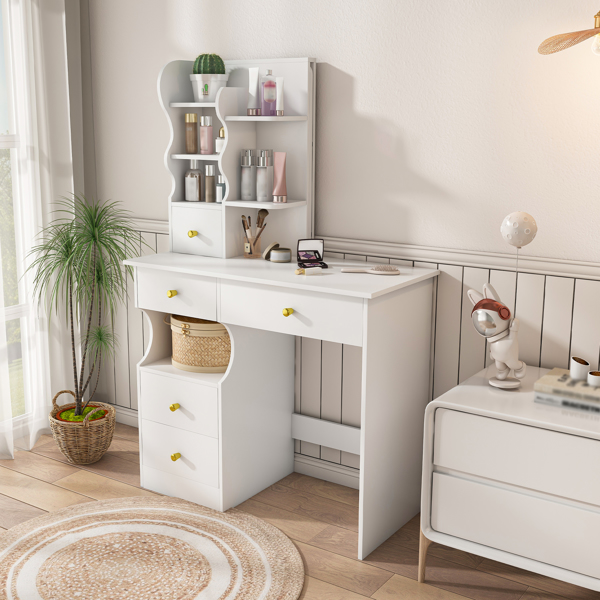 White dressing table, mirror and LED light, 5-drawer dressing table, movable and hidden mirror, 3-color mode touch screen, storage organizer for women's and girls' bedrooms -8