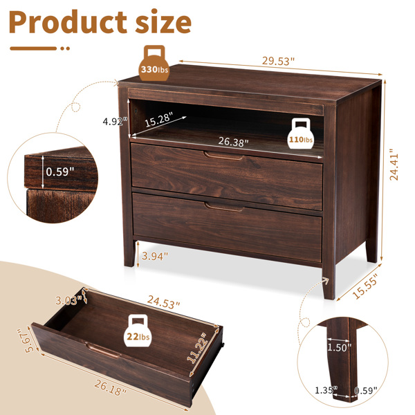 Brown P2 density board + solid wood veneer frame 75*40*61CM two drawers with upper compartment bedside table mid-century modern-5