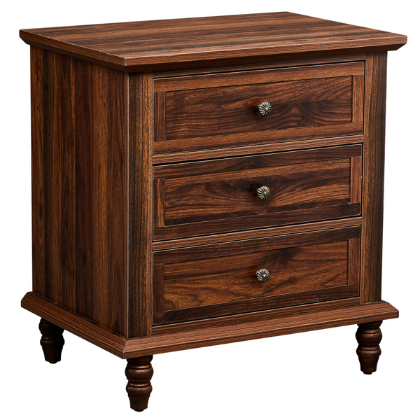 Brown P2 particle board with 3D paper + solid wood legs 63*44.5*68.5CM three drawers bedside table 1pcs-17