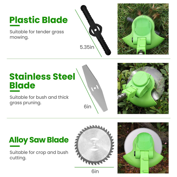 24V 300W Cordless Grass Trimmer Rechargeable Lawn Mower 18000M/Min Weed Cutter with Saw Blade 2 Stainless Steel Blades 10 Plastic Blades 2 Rechargeable Batteries Goggles Gloves-5
