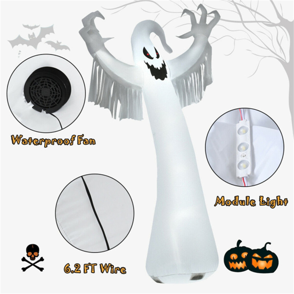 Spooky Halloween Inflatable Ghost - 12 ft Tall with LED Lights, Waterproof Fabric, Spikes/Ropes for Stability, White-5