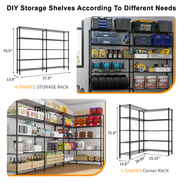 58''W  Adjustable  Storage Shelves 1500LBS  NSF  Wire Shelving Unit 5 Tier Metal Shelving for Storage Rack Shelves for Storage Heavy Duty Garage Shelf Pantry Shelves Kitchen Shelving,  58''W*71''H*-2