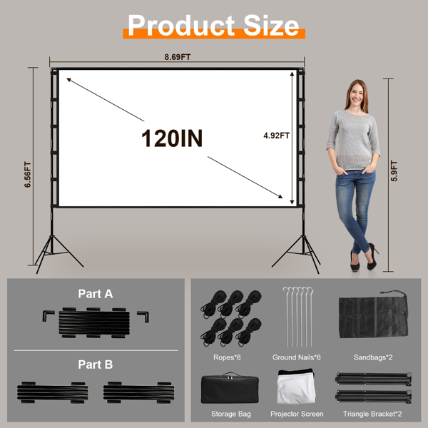 120" Portable Projector Screen with Stand, Foldable & Anti-Crease, HD 4K Movie Screen for Outdoor/Indoor Use, Home Theater, Parties & Business Presentations - Includes Carry Bag-8
