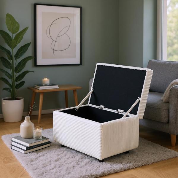 Beige Corduroy Upholstered Storage Ottoman with Black Round Rubber Feet – 63×43×43cm, Hidden Storage with Soft Seating-3