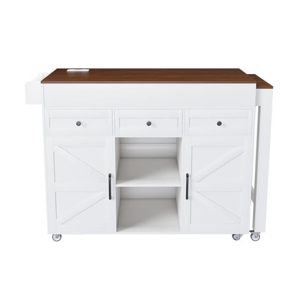 74.8" Kitchen Island with Extendable Dining Table & Power Outlet - Rolling Storage Cart on Wheels with 3 Drawers & 2 Door Cabinet for Dining Room, White-2