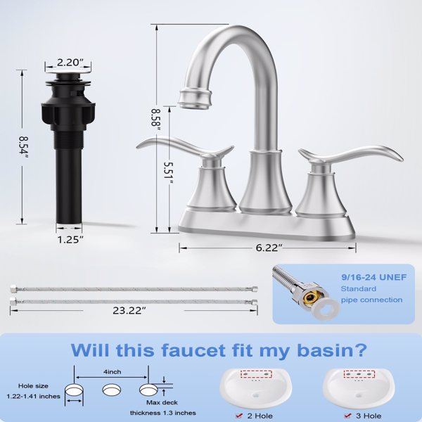 Bathroom Faucet Brushed Nickel with Pop-up Drain & Supply Hoses 2-Handle 360 Degree High Arc Swivel Spout Centerset[Unable to ship on weekends,usps/fedex]-6