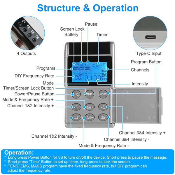 4-Channel Rechargeable TENS Unit with 8 Pads, 48 Modes & 4 Programs for Pain Relief, Muscle Training & Relaxation – Portable & User-Friendly-10