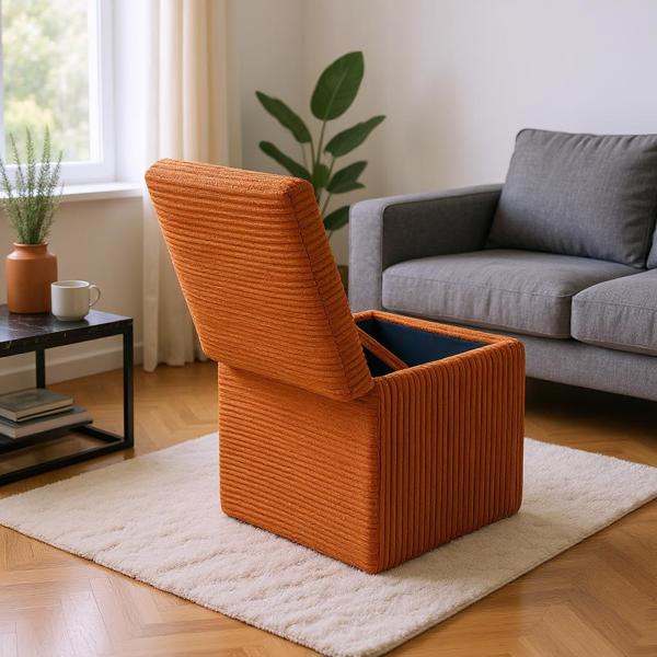 Orange Corduroy Storage Ottoman with Rubber Feet – Compact Soft Cube Seat, 42×42×44cm-5