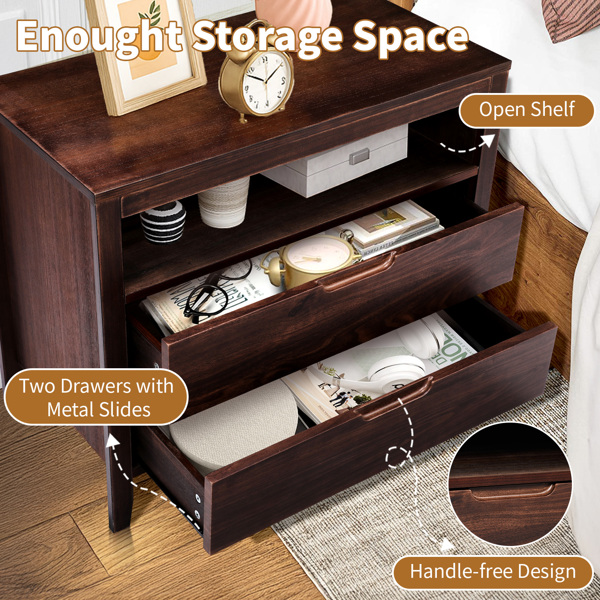 Brown P2 density board + solid wood veneer frame 75*40*61CM two drawers with upper compartment bedside table mid-century modern-23