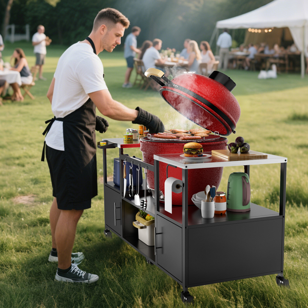 户外烧烤桌，适用于 Big Green Egg 式烧烤炉，金属烧烤车带储物盒，可兼容高达 Large Green Egg 的 Kamado Joe Jr-7