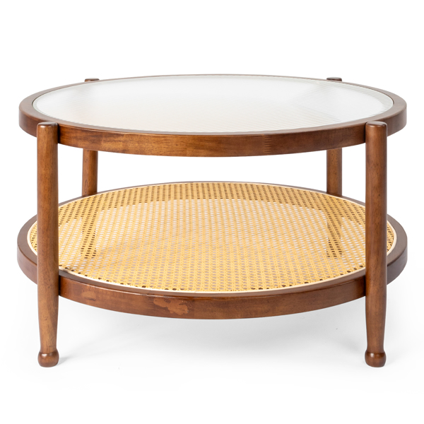 31.5in Rattan Coffee Table with Glass Top, Round End Table, Boho Style Side Table Sofa End Table for Living Room Balcony Patio, Walnut Finish-1