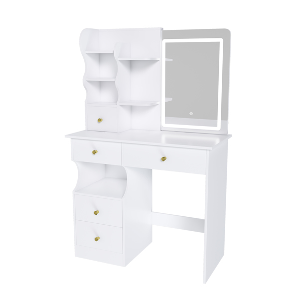 White dressing table, mirror and LED light, 5-drawer dressing table, movable and hidden mirror, 3-color mode touch screen, storage organizer for women's and girls' bedrooms -3