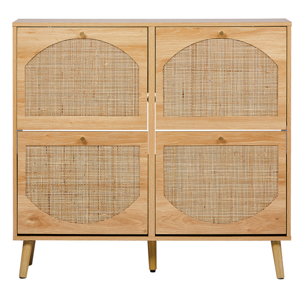 2 rows of 4 dump buckets with high feet arched rattan surface shoe cabinet density board with triamine 105*24*98cm original wood color-2