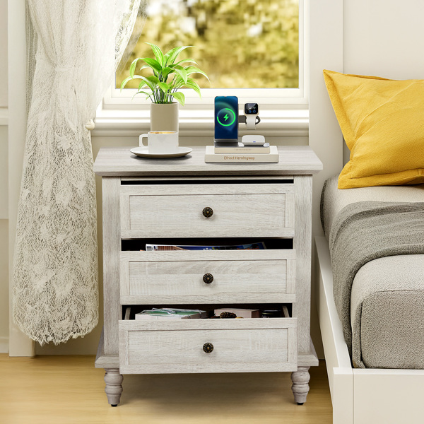 Retro white P2 particle board with 3D paper + solid wood legs 63*44.5*68.5CM three drawers bedside table 1pcs-5
