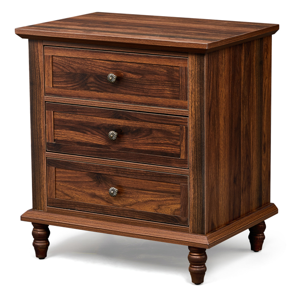 Brown P2 particle board with 3D paper + solid wood legs 63*44.5*68.5CM three drawers bedside table 1pcs-12