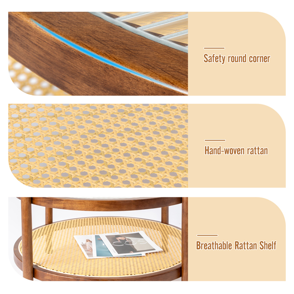 31.5in Rattan Coffee Table with Glass Top, Round End Table, Boho Style Side Table Sofa End Table for Living Room Balcony Patio, Walnut Finish-16
